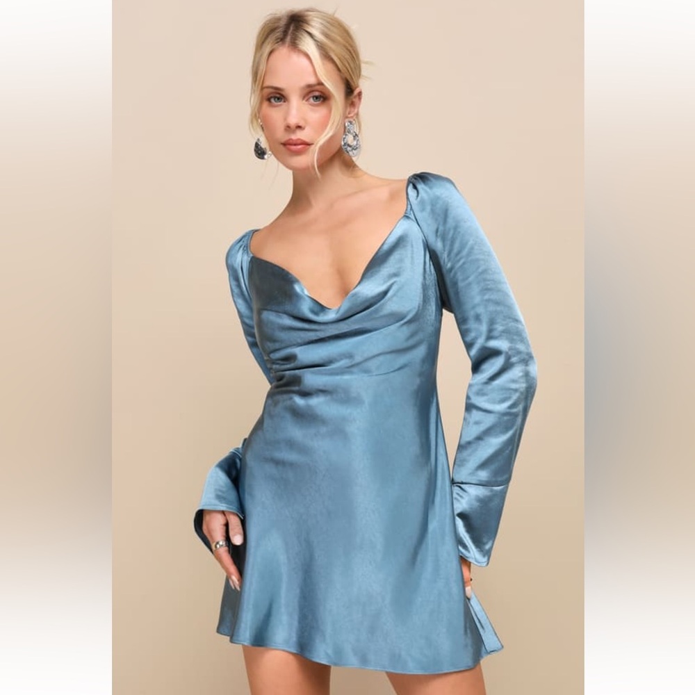 Lulu’s Sensational Fate Slate Blue Satin Cowl
Neck Mini Dress Size Medium BNWT